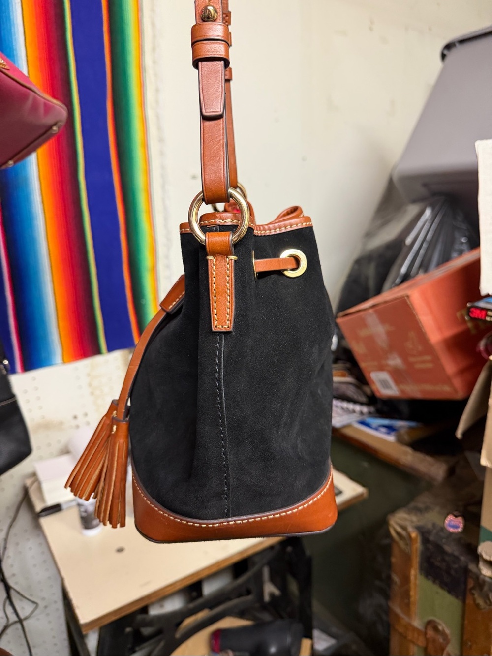 Dooney & Bourke Small Black Suede Bucket Bag with Tan Leather Trim - Picture 8 of 15